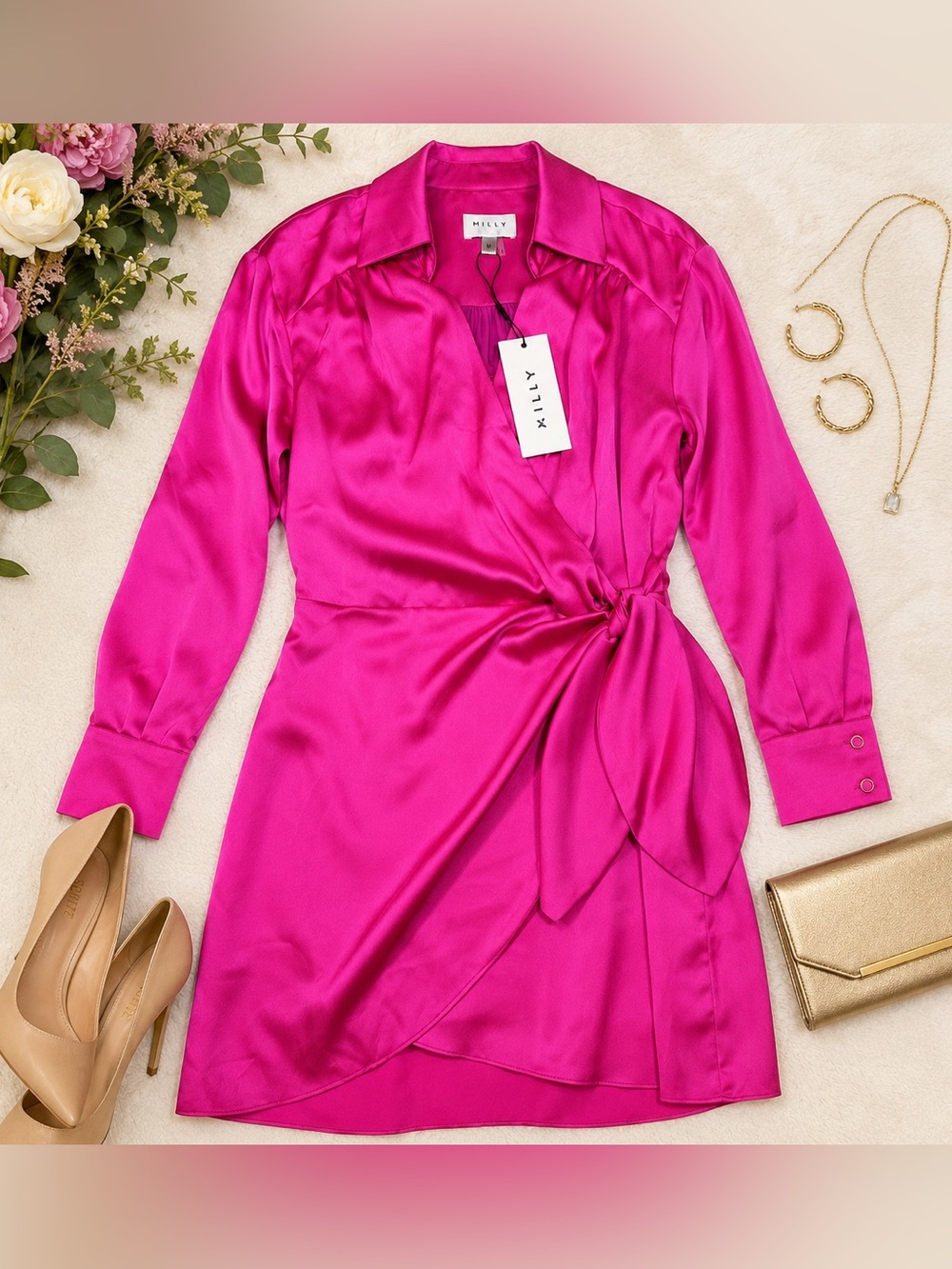 Milly Hot Pink Satin Wrap Mini Dress NWT MSRP $350 Size Medium